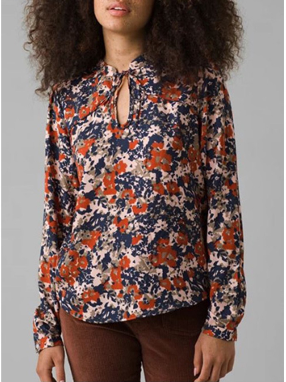Prana Wild at Heart Abstract Floral Tie Neck Blouse Size XL